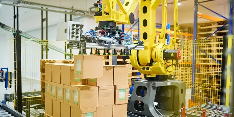 Trạm robot bốc xếp hàng hóa và bao tải tại nhà máy sản xuất